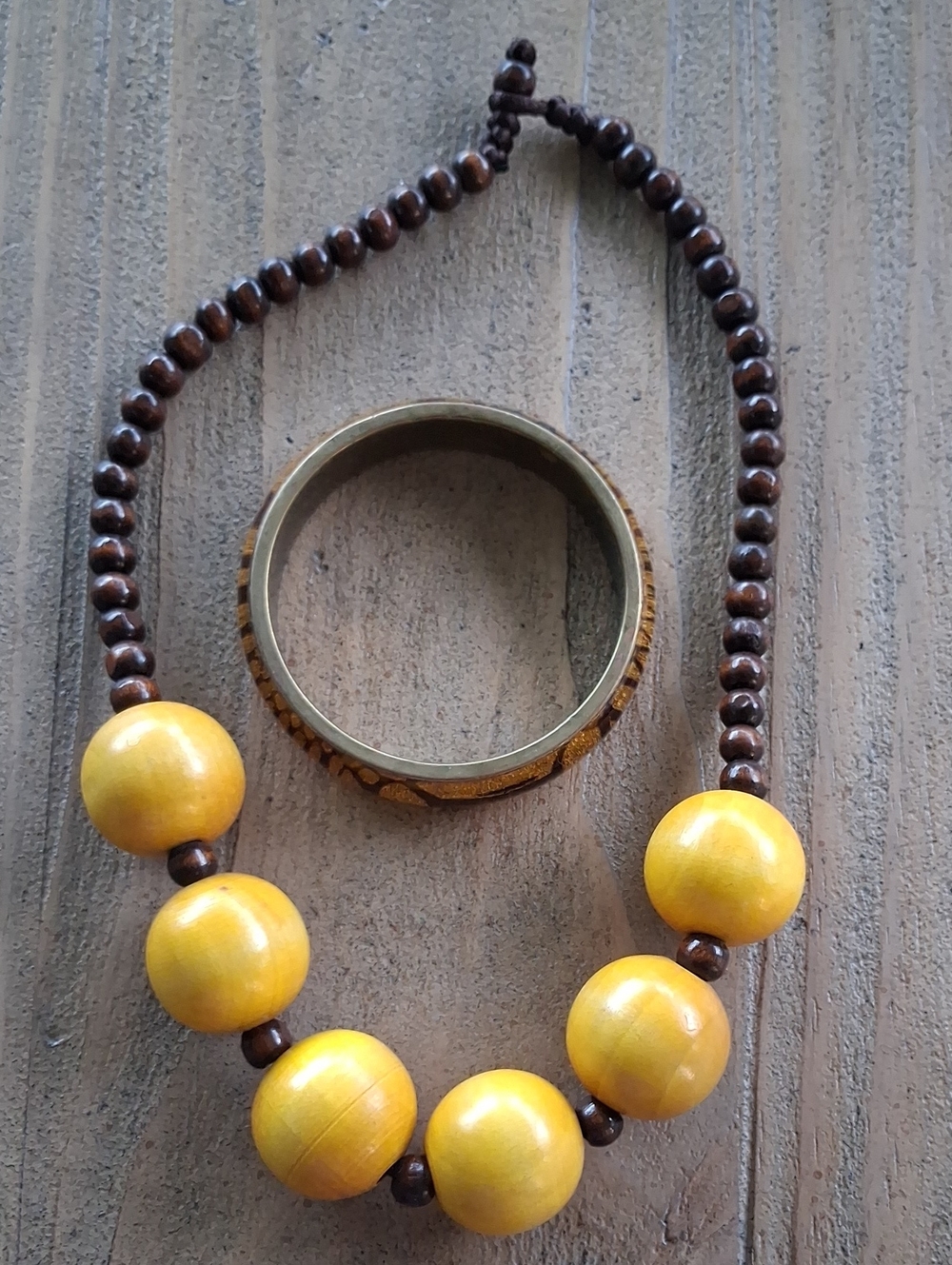 Yellow Bead Statement Necklace with Brown Accents - Unbranded